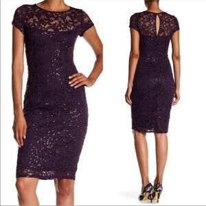 MARINA Women's Sequin Lace V-Neck 3/4 Illusion Sheer Sleeve Gown size XS purple